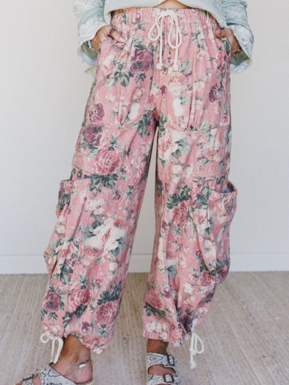 Davi & Dani dusty rose floral denim wide leg pants